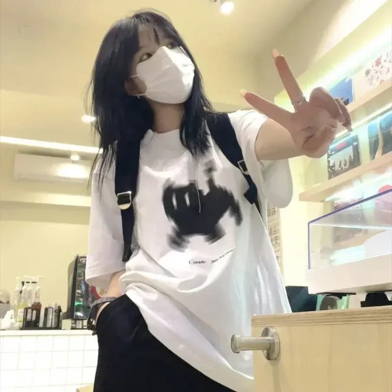 Dámské nadměrné tričko s grafikou Y2K s krátkým rukávem, ležérní streetwear, letní top s výstřihem do O-kroju