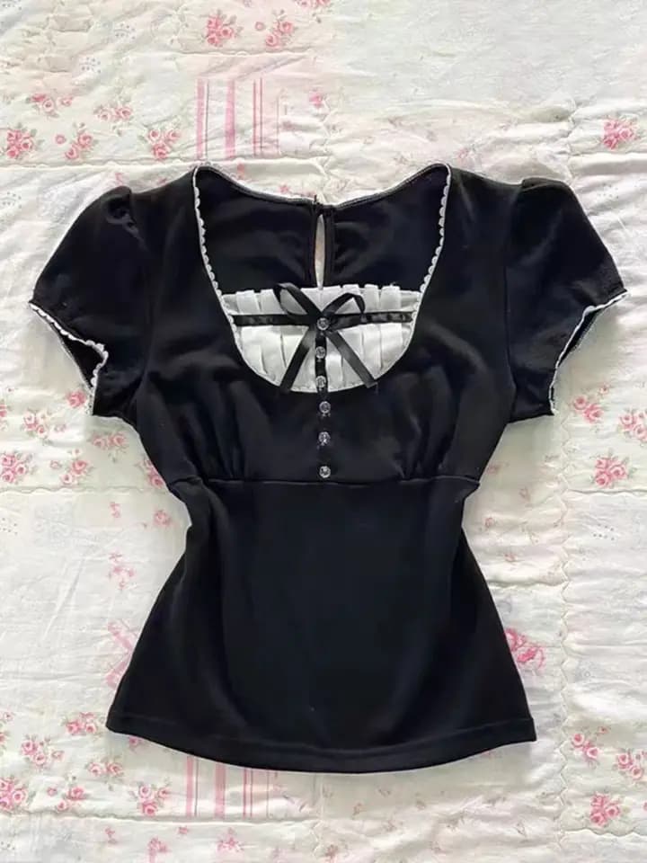 Dámské letní tričko s krajkovým crop topem Y2K Gothic Lace Crop Top Black Vintage 90s Punk Graphic Tee