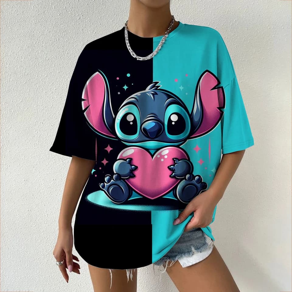 Dámské nadměrné tričko s potiskem Disney Stitch, ležérní letní streetwear tričko s motivem Y2K
