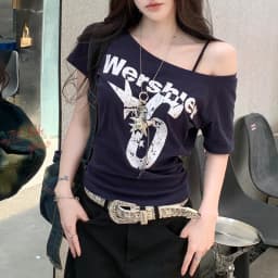Dámské letní tričko s odhalenými rameny a potiskem písmen, slim fit, krátký rukáv, ležérní top - náhled 3