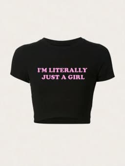 Dámský krátký top s potiskem písmen a bavlněným potiskem I'm Literally Just A Girl, přiléhavý top s výstřihem do O-kroju - náhled 2