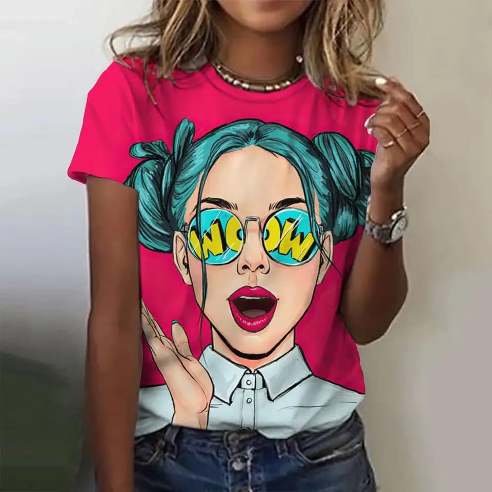 Dámské tričko s kresleným potiskem, vintage Harajuku, nadměrné, s krátkým rukávem, výstřihem do O-kroju, vtipné tričko