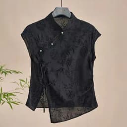 Dámský černý žakárový top Cheongsam - letní košile s krátkým rukávem v retro čínském stylu - náhled 3