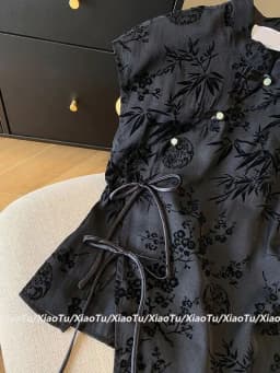 Dámský černý žakárový top Cheongsam - letní košile s krátkým rukávem v retro čínském stylu - náhled 7