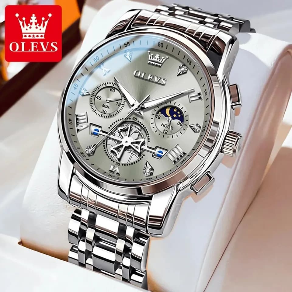 Pánské luxusní quartzové hodinky - chronograf s fázemi měsíce, vodotěsné, světelné, multifunkční