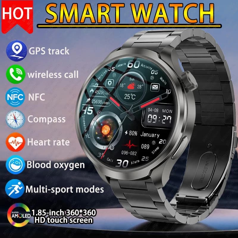 1,85 AMOLED HD Chytré hodinky GPS Sportovní kompas Voděodolné NFC Monitor zdraví Bluetooth Volání
