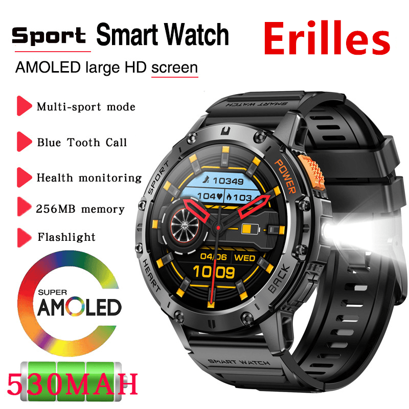 AMOLED Chytré hodinky pro muže Voděodolné Fitness Tracker Bluetooth Volání Sportovní svítilna Chytré hodinky