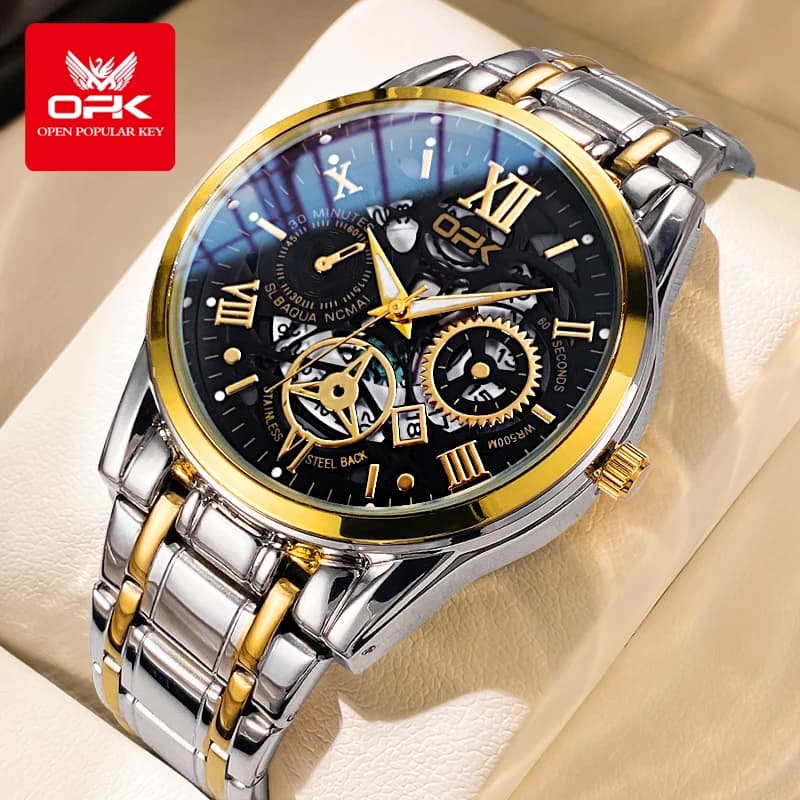 Pánské vodotěsné hodinky s ocelovým páskem a nočním displejem, svítící ručičky, sportovní hodinky