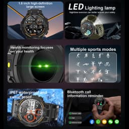 Vojenské chytré hodinky s HD obrazovkou, svítilnou, vodotěsným monitorem srdečního tepu, BT volání, Android, iOS - náhled 6