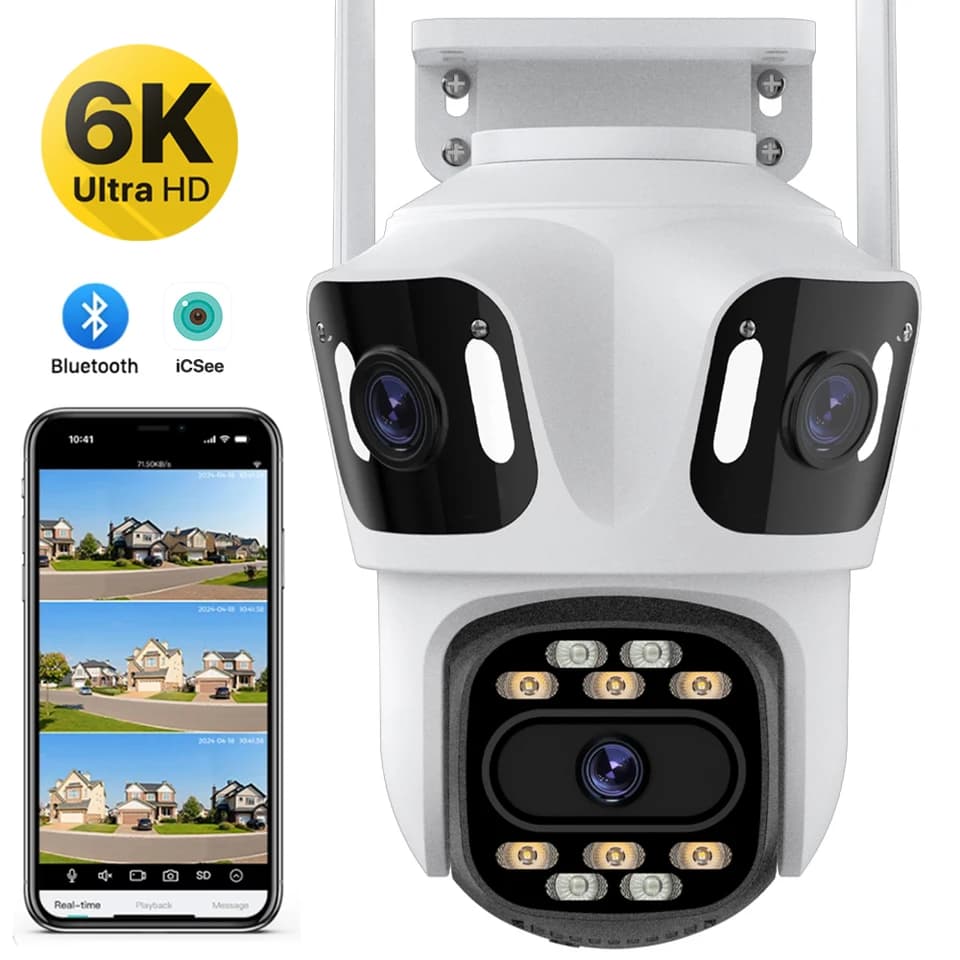 6K HD venkovní WiFi bezpečnostní kamera s automatickým sledováním PTZ trojitý objektiv bezdrátový CCTV systém