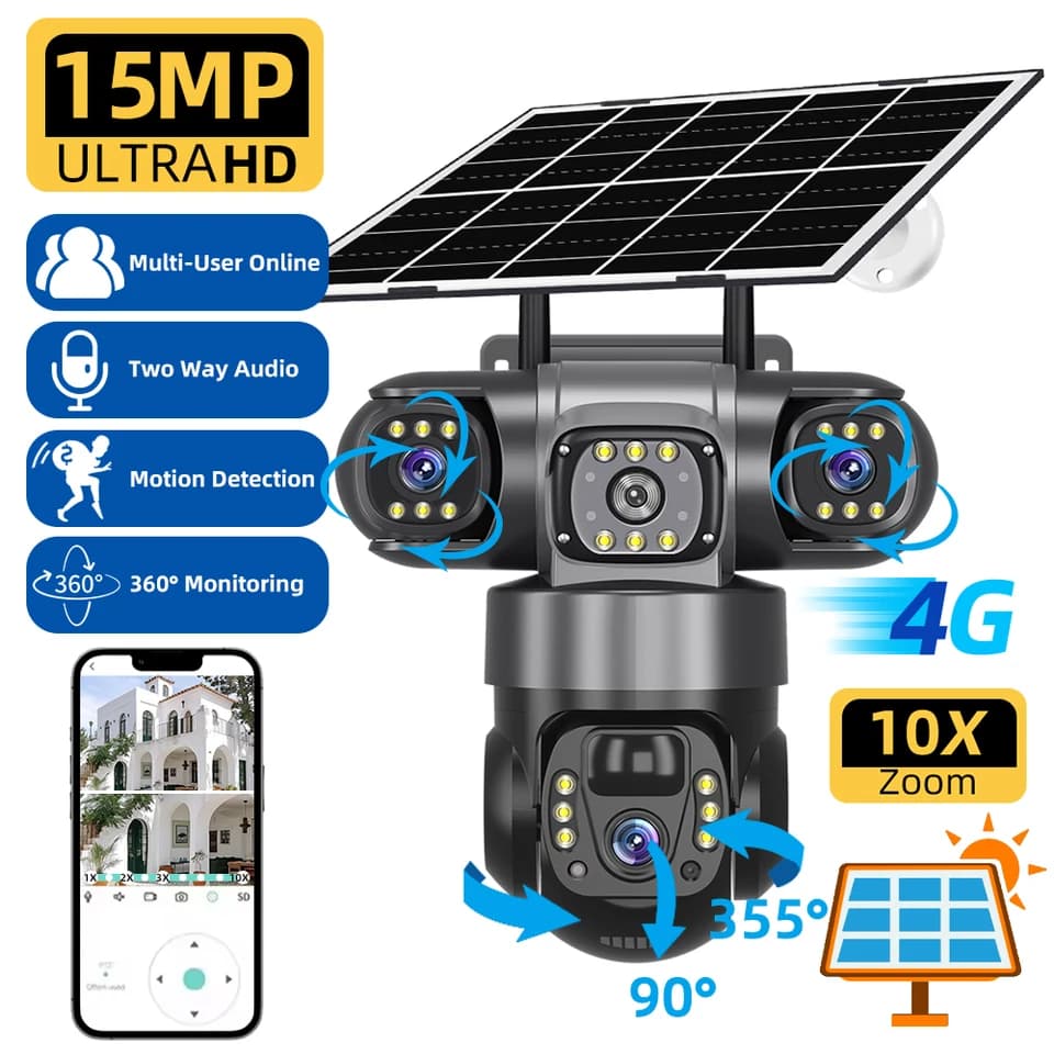 15MP 6K solární bezpečnostní kamera s 10x zoomem, trojitým objektivem, venkovní CCTV, detekce pohybu, bezdrátová
