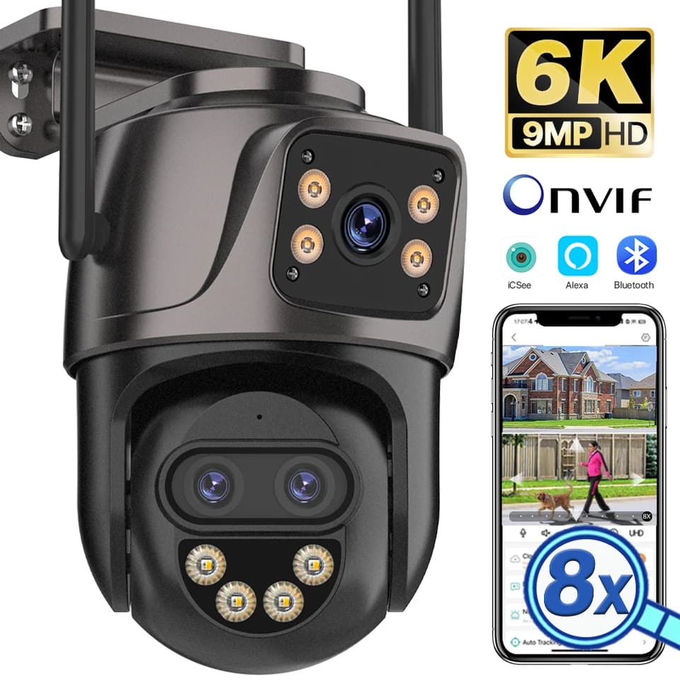 6K 9MP venkovní bezpečnostní kamera WiFi PTZ automatické sledování duální obrazovka IP kamera