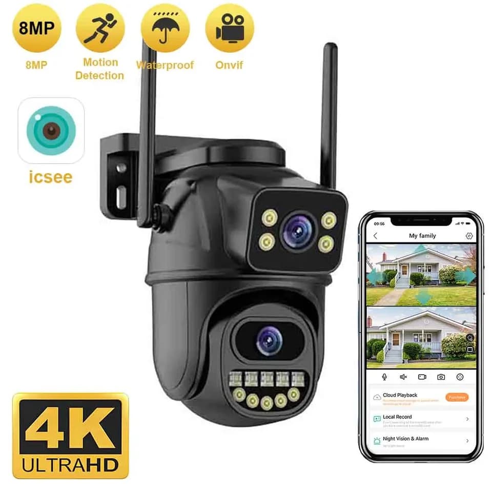 4K 8MP WiFi bezpečnostní kamera, venkovní PTZ, duální objektiv, AI detekce osob, ONVIF IP kamera, 4x zoom