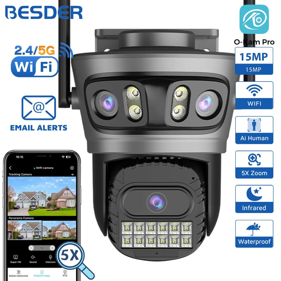 15MP WiFi venkovní bezpečnostní kamera PTZ automatické sledování 5x zoom CCTV kamerový systém