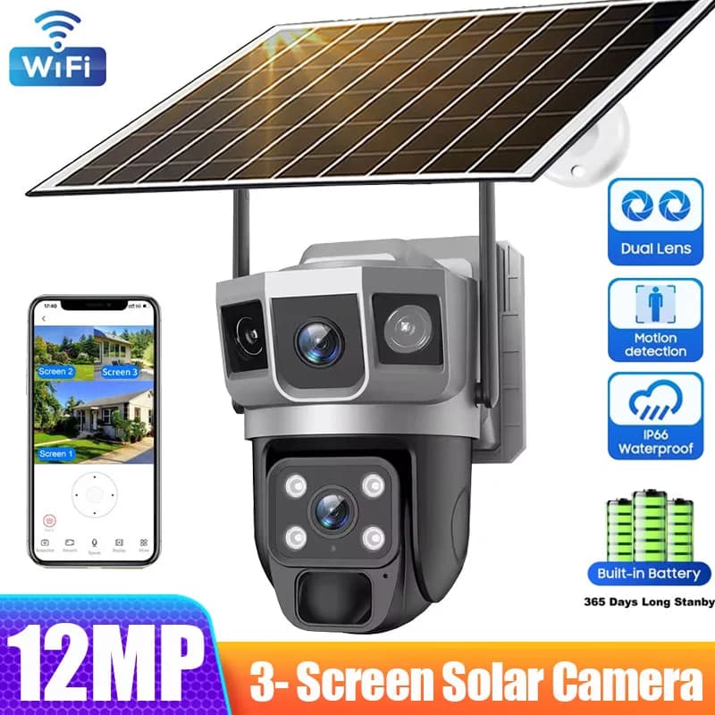 Solární bezpečnostní kamera Venkovní 12MP Duální objektiv 10X Zoom WiFi PTZ Automatické sledování IP66 Voděodolná
