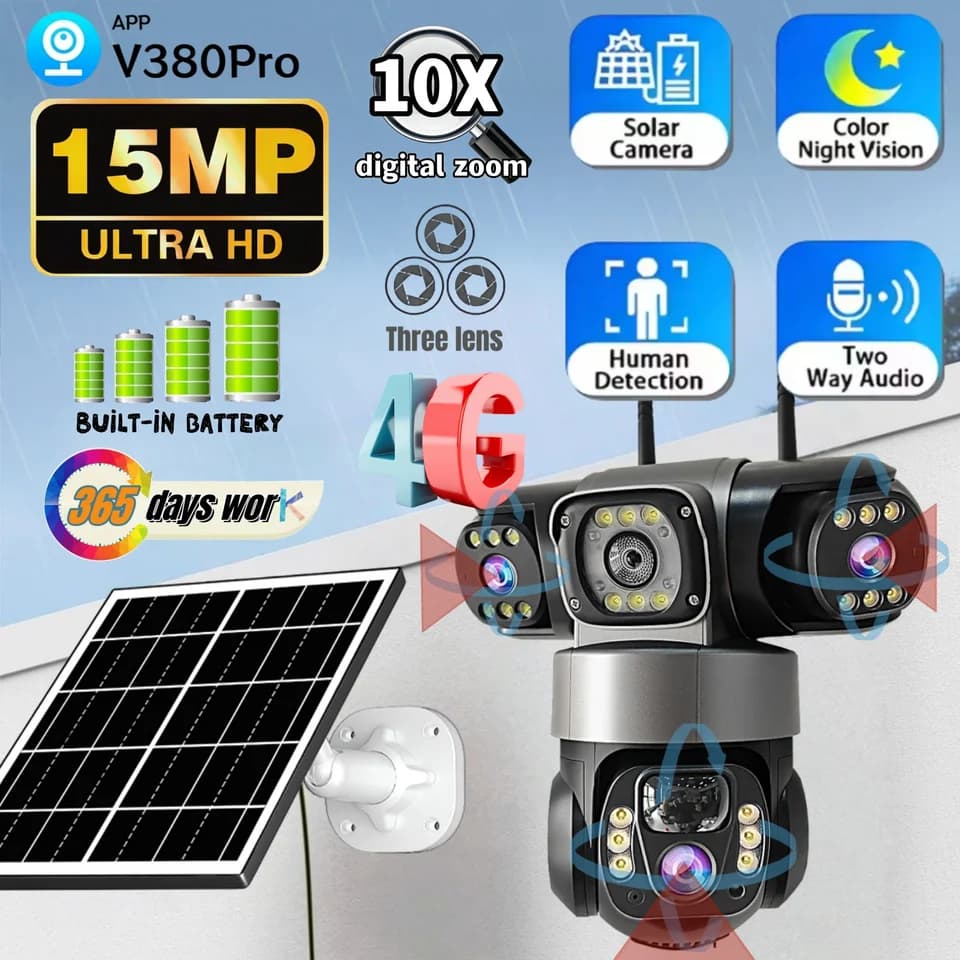 Solární bezpečnostní kamera 15MP HD 3 objektivy venkovní vodotěsná noční vidění obousměrný audio mobilní 4G