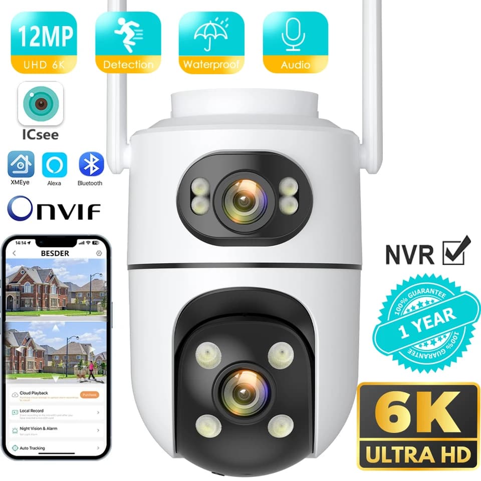6K 12MP Bezdrátová bezpečnostní kamera Venkovní WiFi PTZ Duální objektiv Automatické sledování IP kamera