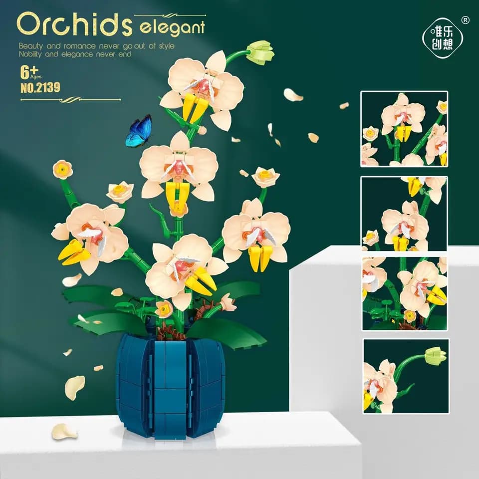 Sada stavebních kostek s orchidejí, 606 dílků - botanická dekorace do domácnosti pro dospělé, model květiny, dárek