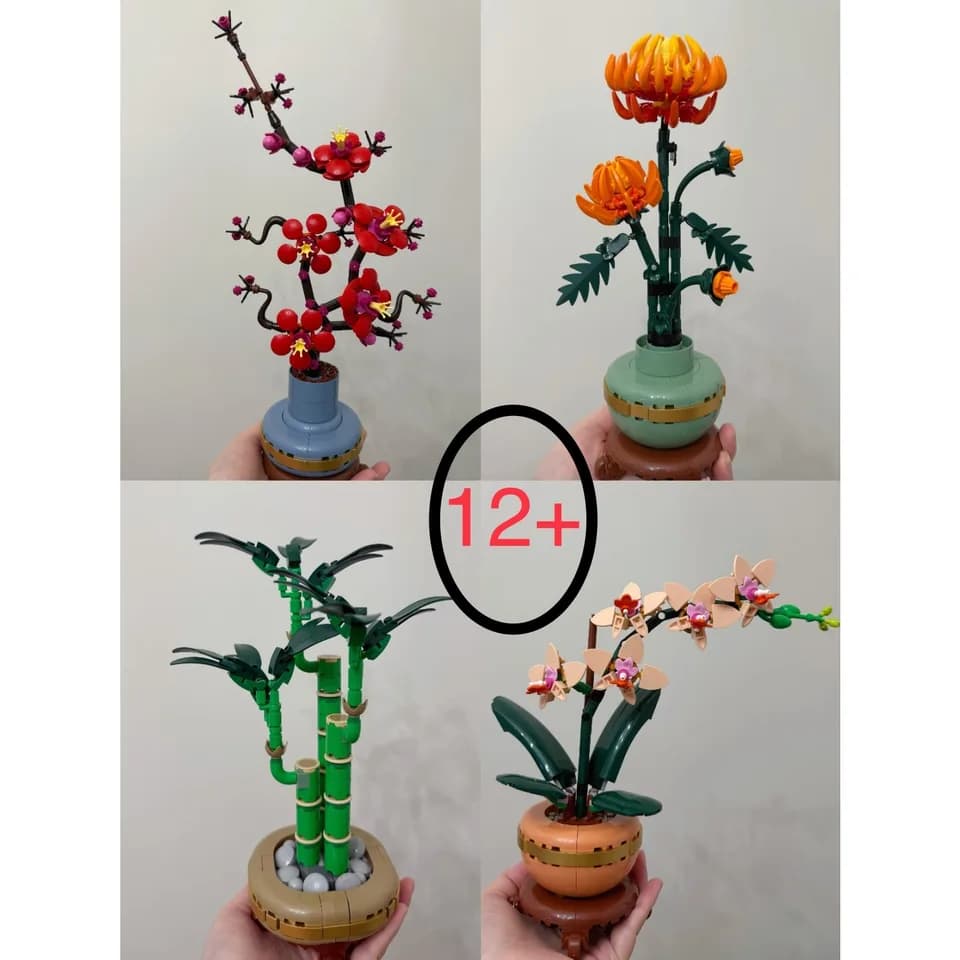 Sada květinových stavebních bloků - DIY orchidej, bambus, chryzantéma, švestkový květ, kytice hraček