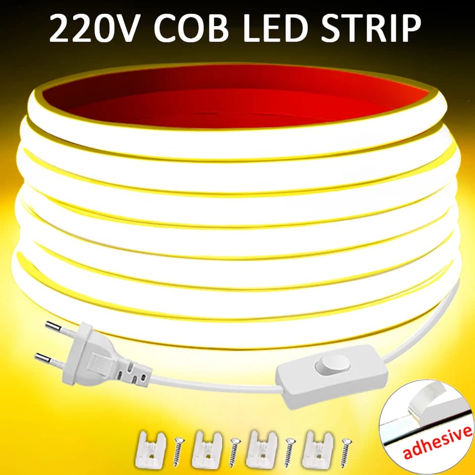 Voděodolné COB LED páskové světlo 220V s vysokým jasem, flexibilní páska, vnitřní a venkovní osvětlení