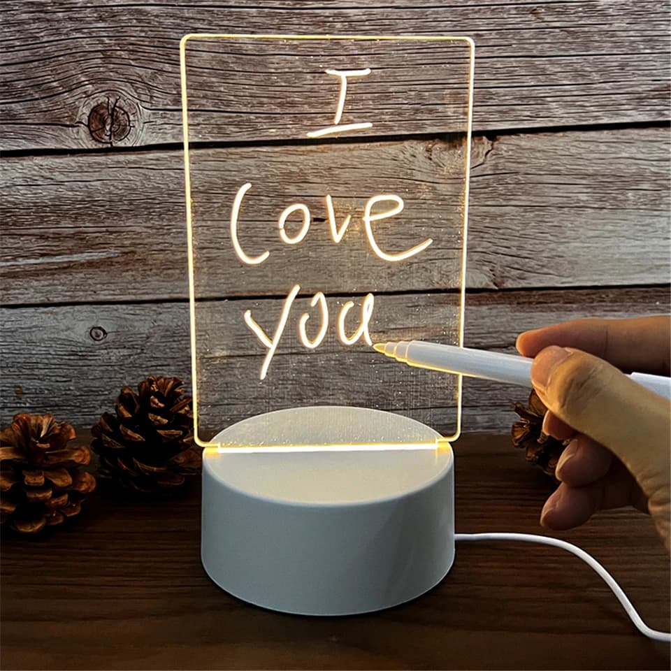 LED noční světlo na nástěnku - průhledné akrylové, napájené z USB, vymazatelné, kalendářní, stolní lampa