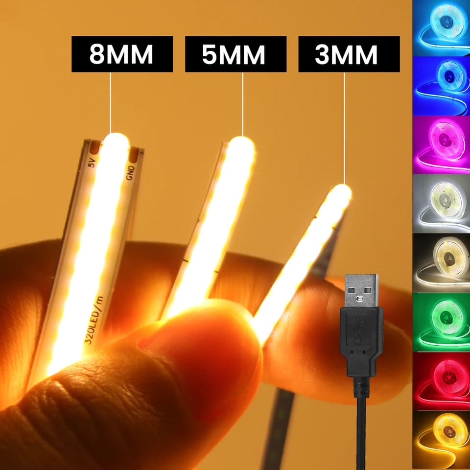 USB LED páska COB Flexibilní stuha 5V Bílá Červená Modrá Zelená Žlutá Růžová Domácí TV Podsvícení