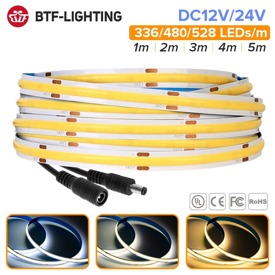LED páska s vysokou hustotou 336-528 LED diod stmívatelná 12V 24V teplá studená bílá flexibilní COB