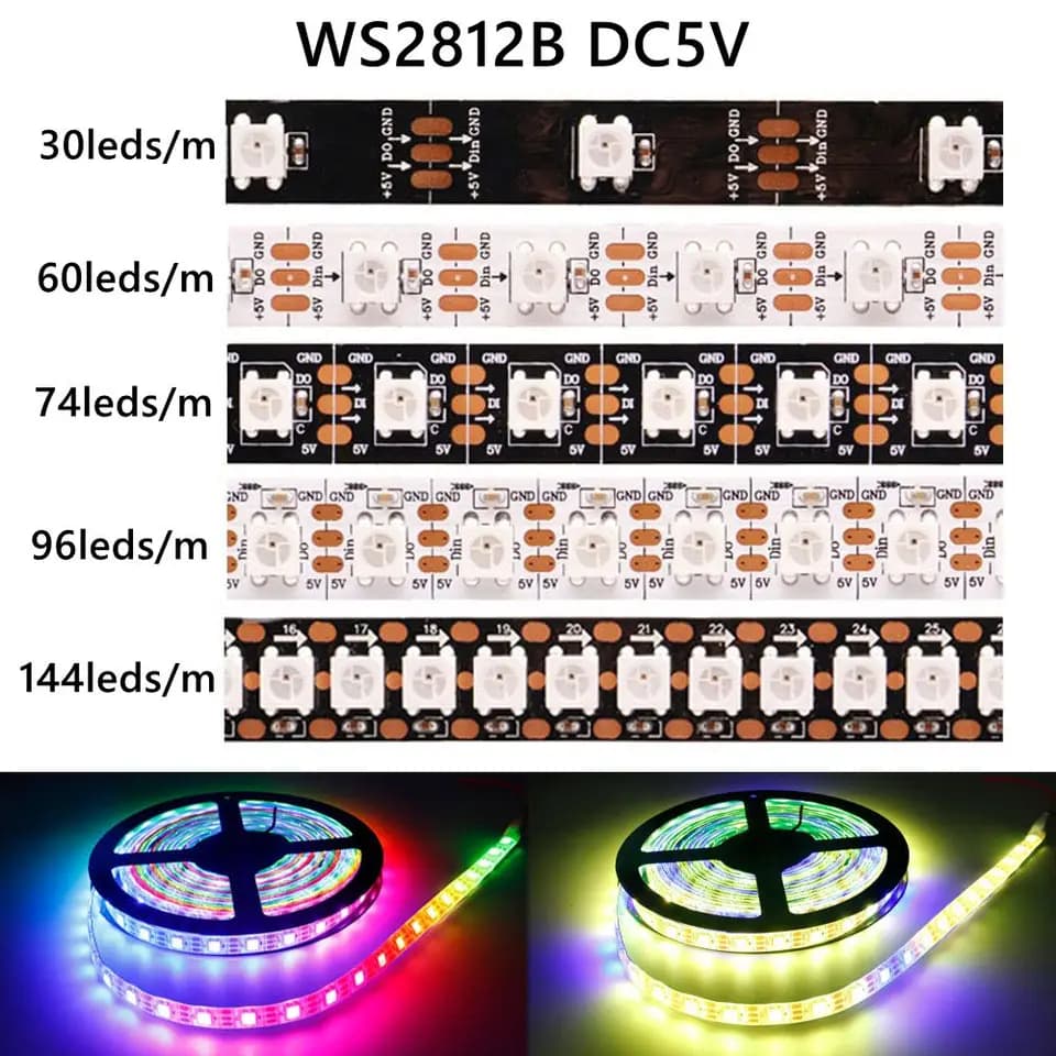 Adresovatelný RGB LED pásek WS2812B 5V Inteligentní pixelová světla 30-144 LED/m IP30-67