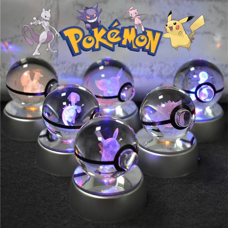 3D Pokémon křišťálová koule noční lampa - Pikachu Gengar Mewtwo Pokéball dětský dárek k narozeninám