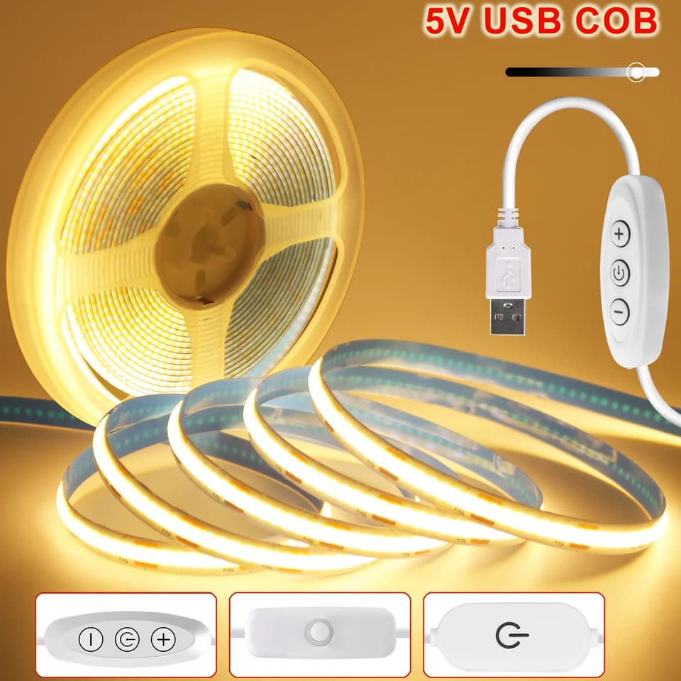 Stmívatelná COB LED páska 5V USB flexibilní páska 320 LED diod s vysokou hustotou s vypínačem