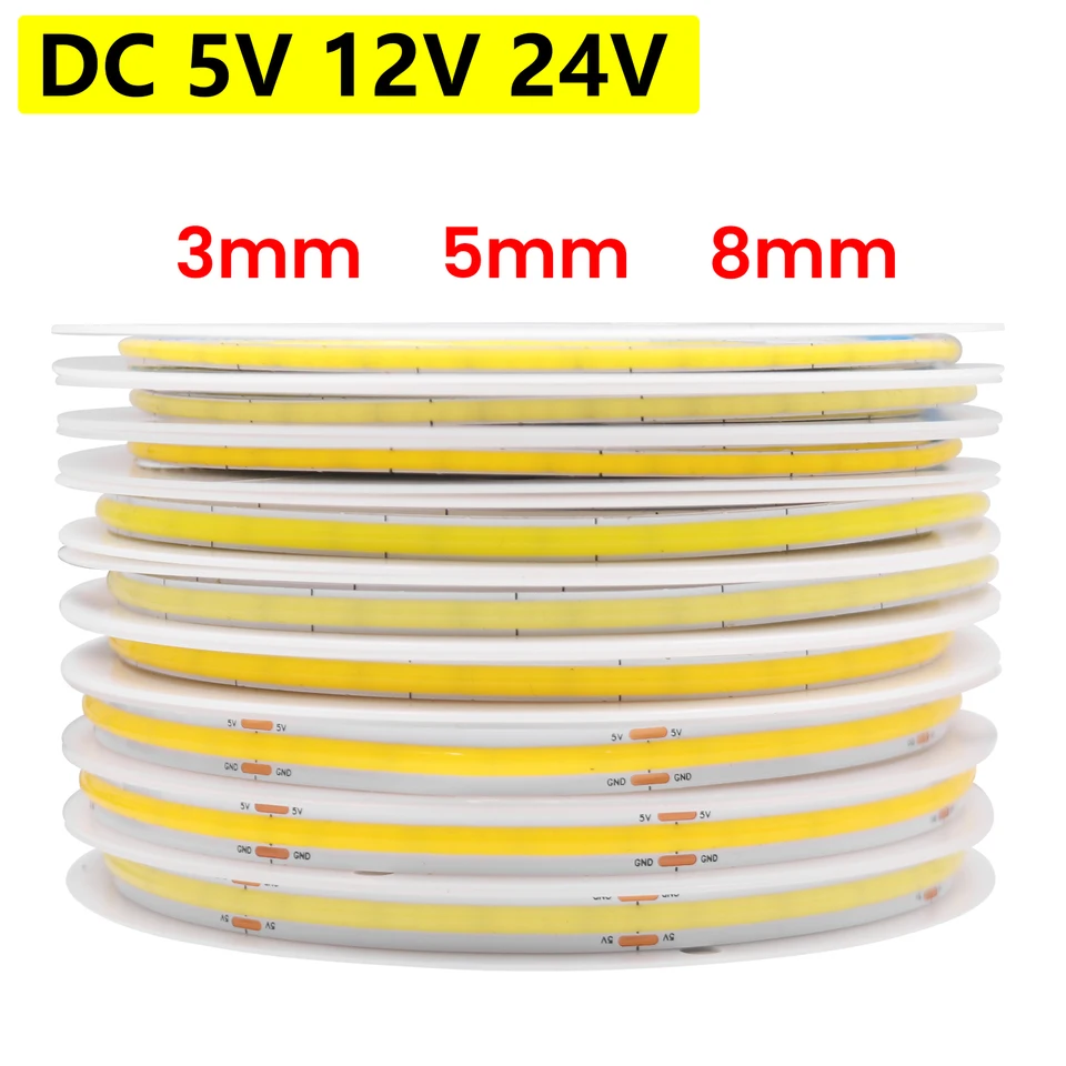 Vysokohustotní COB LED páska 5V 12V 24V Flexibilní páska 320-528 LED/m Lineární osvětlení