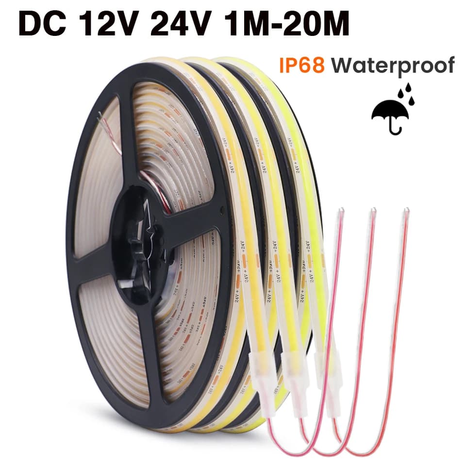 IP68 Voděodolný COB LED pásek 12V 24V 320LED/m Vysoké CRI Flexibilní světlo 3000K-6000K 1-20M