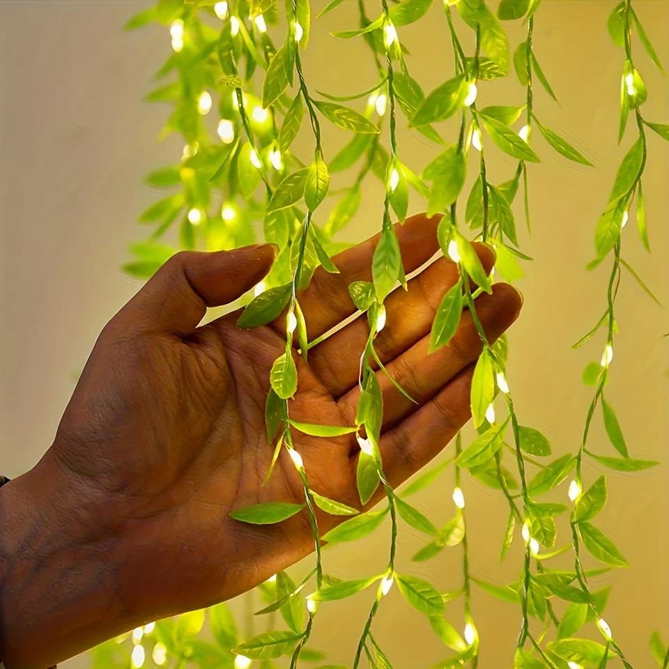LED závěsové řetězy s vrbovými listy, 20 žárovek, napájené bateriemi, dekorativní měděný drát, 2 m