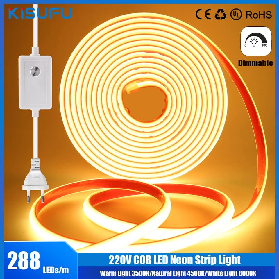 Stmívatelná COB LED páska 220V vodotěsná flexibilní neonová páska se stmívačem pro dům a zahradu