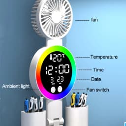 LED stolní lampa s ventilátorem a hodinami - dobíjecí stolní světlo pro studium, čtení, noční světlo - náhled 5