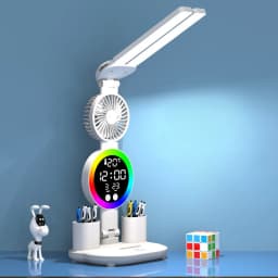 LED stolní lampa s ventilátorem a hodinami - dobíjecí stolní světlo pro studium, čtení, noční světlo - náhled 3