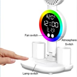 LED stolní lampa s ventilátorem a hodinami - dobíjecí stolní světlo pro studium, čtení, noční světlo - náhled 6