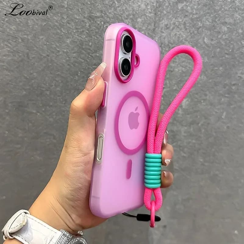 Magnetický kryt na zápěstí s poutkem v barvě bonbónů pro iPhone 16, 15, 14, 13, 12, 11 Pro Max, matný