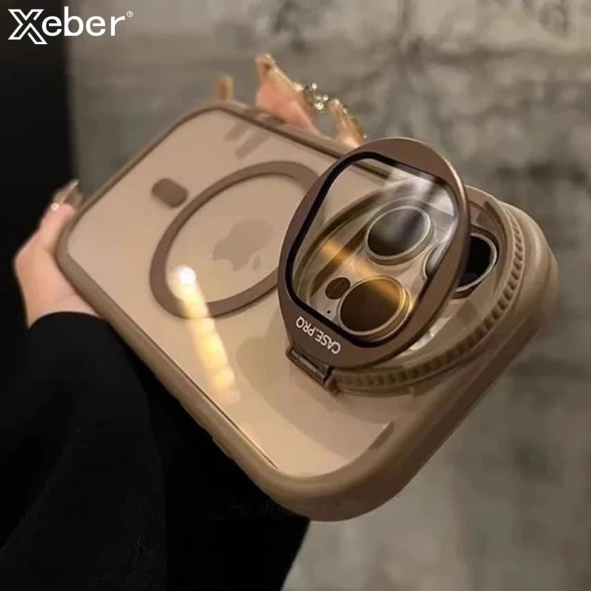 Magnetický kryt na telefon s ochranou objektivu fotoaparátu, výklopným stojánkem pro iPhone - průhledný kryt