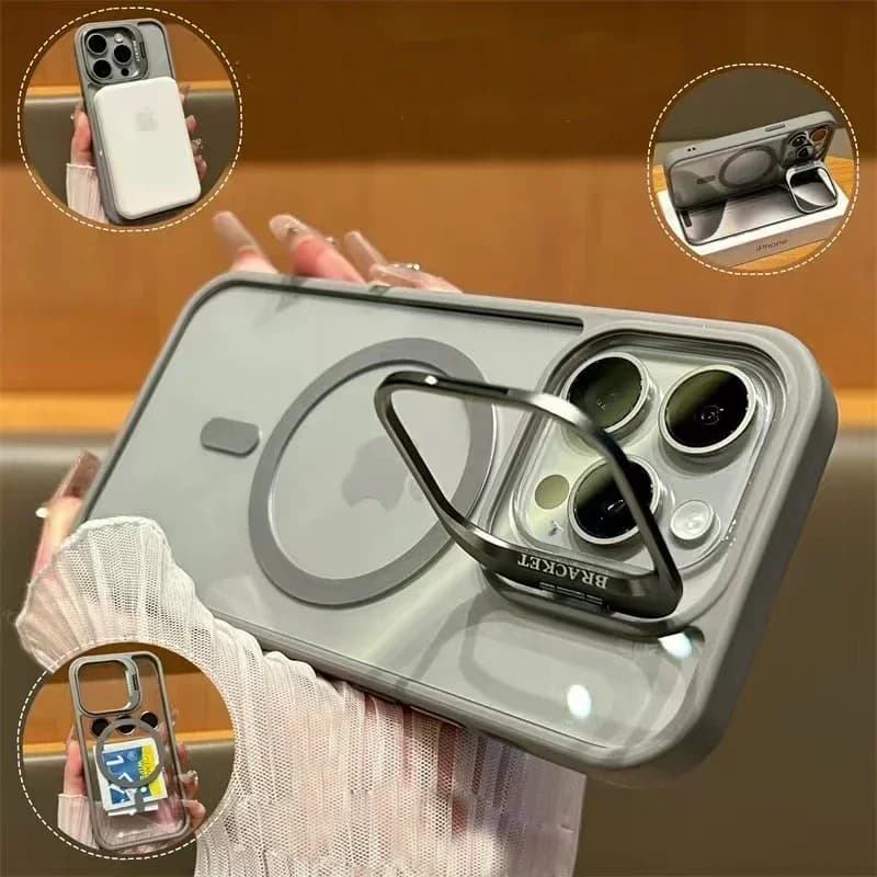 Magnetický ochranný kryt na telefon se stojánkem - průhledný kryt fotoaparátu pro iPhone 11-16 Pro Max