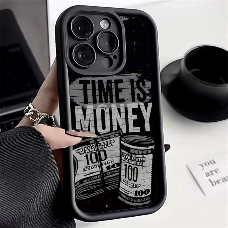Luxusní měkký kryt s potiskem Time is Money pro iPhone 16 15 14 13 12 11 Pro Max Plus X XS