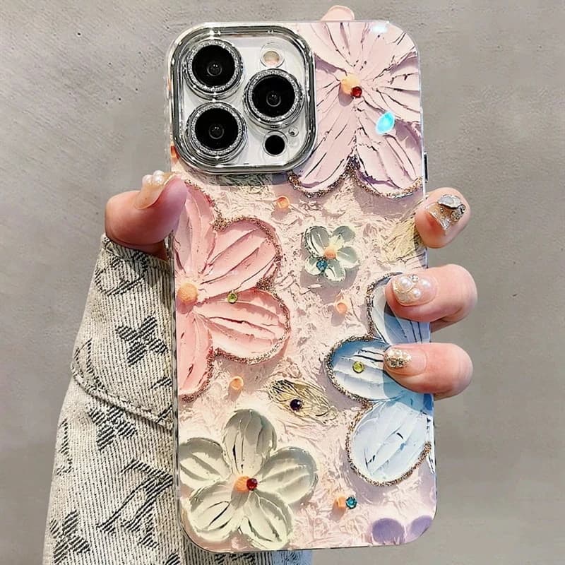 Třpytivý květinový kryt pro iPhone s diamanty, měkký nárazuvzdorný kryt, ochrana čočky 16, 15, 14, 13, 12, 11