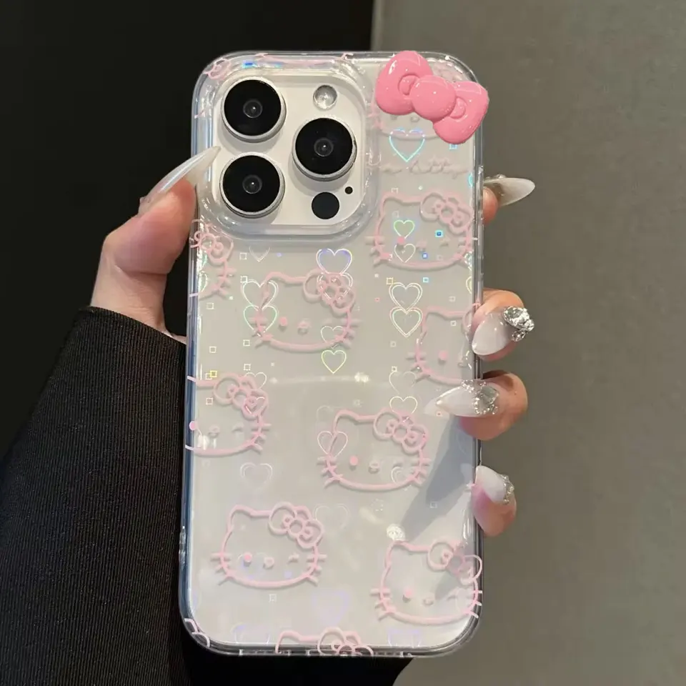 Pouzdro na telefon s kawaii kočkou a mašlí pro iPhone 16 15 14 13 12 11 Pro Max XR XS 8 7 Plus Roztomilý laserový kryt