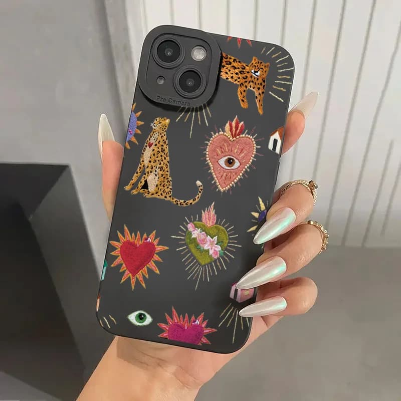 Silikonový kryt na telefon s květinovým vzorem a leopardím okem - iPhone 16 15 14 13 12 11 Pro Max XS XR 8 7 Plus SE