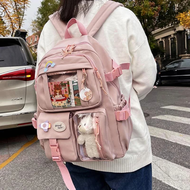Voděodolný nylonový školní batoh pro ženy a dívky s více kapsami na notebook, roztomilý kawaii styl