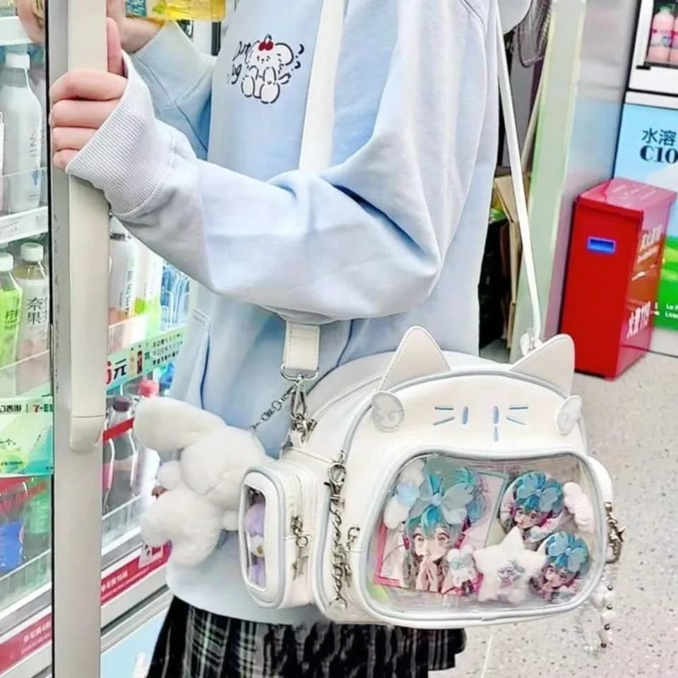 Kawaii kočka průhledná kapsa crossbody kabelka - roztomilá PU taška přes rameno pro ženy a dívky móda