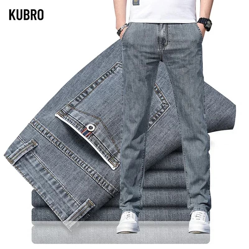Pánské letní džíny rovného střihu elastické volné šedé světle modré denim kalhoty