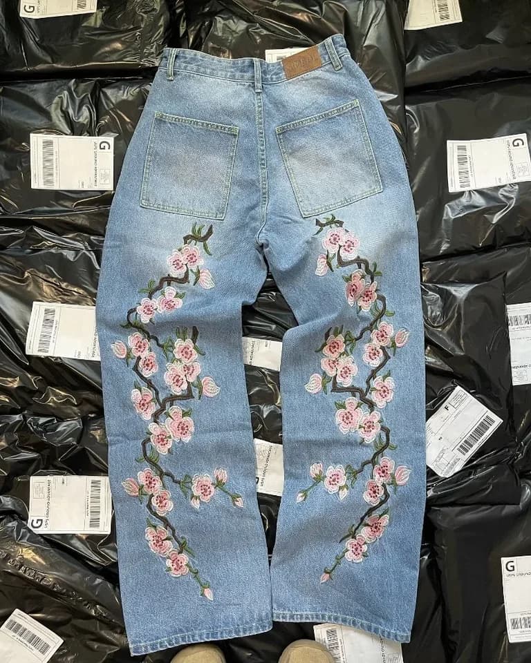 Pánské baggy džíny s potiskem sakura Y2K styl široké nohavice streetwear unisex denim kalhoty