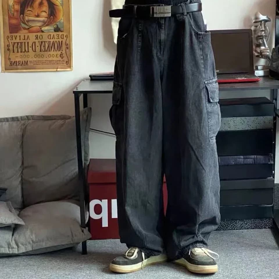 Pánské široké cargo džíny černé baggy kalhoty streetwear hip hop denim módní volné