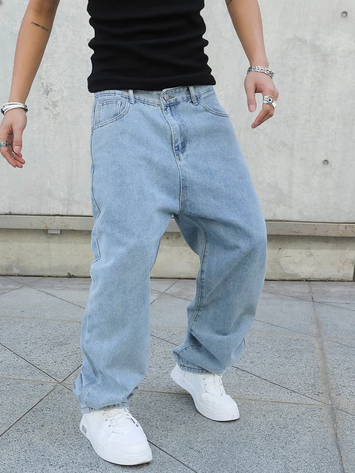 Pánské baggy džíny wide leg volné rovné kalhoty streetwear denim casual móda oversize
